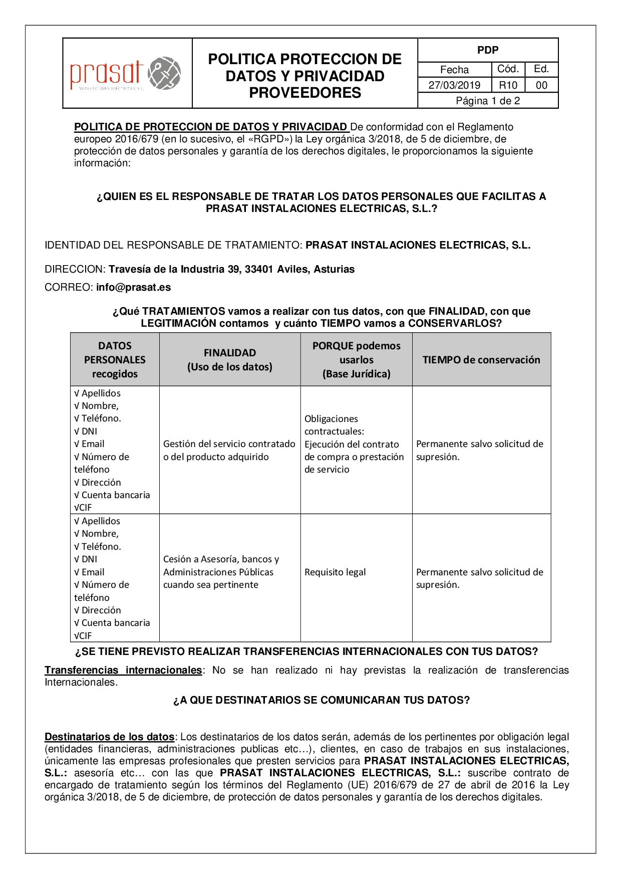 R10. Politica De Proteccion De Datos PROVEEDORES1