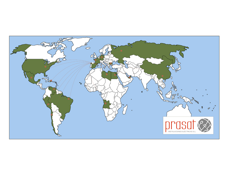 Presença de material eléctrico fabricado por prasat no mundo.